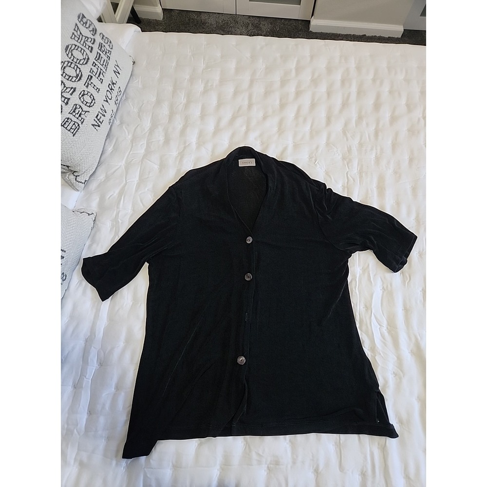 Chico's Travelers Button Front Top Black Size 3 XL 16/18 Collared Slinky Knit Sh